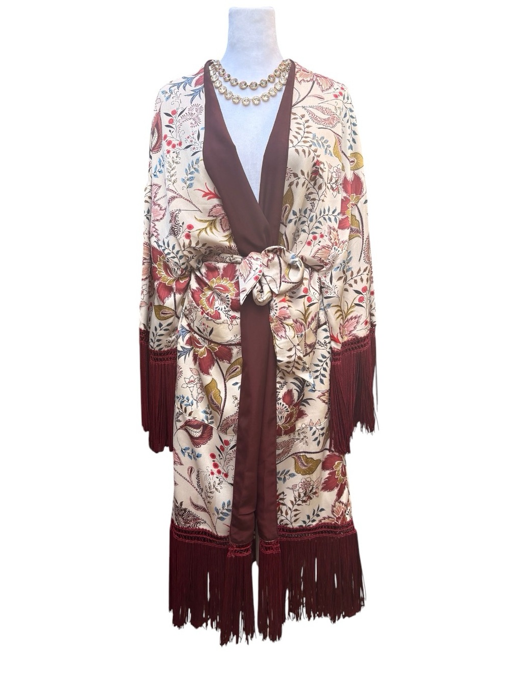 Zara Floral Fringe Satin Kimono Robe in Ivory and Burgundy | S-M (L)*